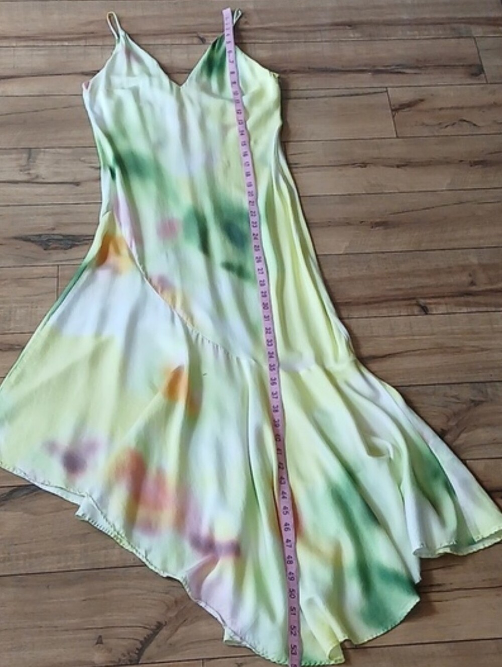 Women's Asymmetrical Summer Resort Slip Midi Dress in Lemon Tie-Dye Multi XS - Picture 12 of 16